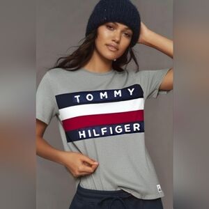 Tommy Hilfiger Gray With Red White And Blue Short Sleeve Top